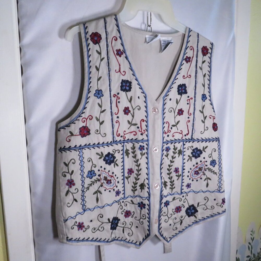 Vintage Bobbie Brooks Embroidered Floral Vest Tan Jewel Tone Flower UNISEX